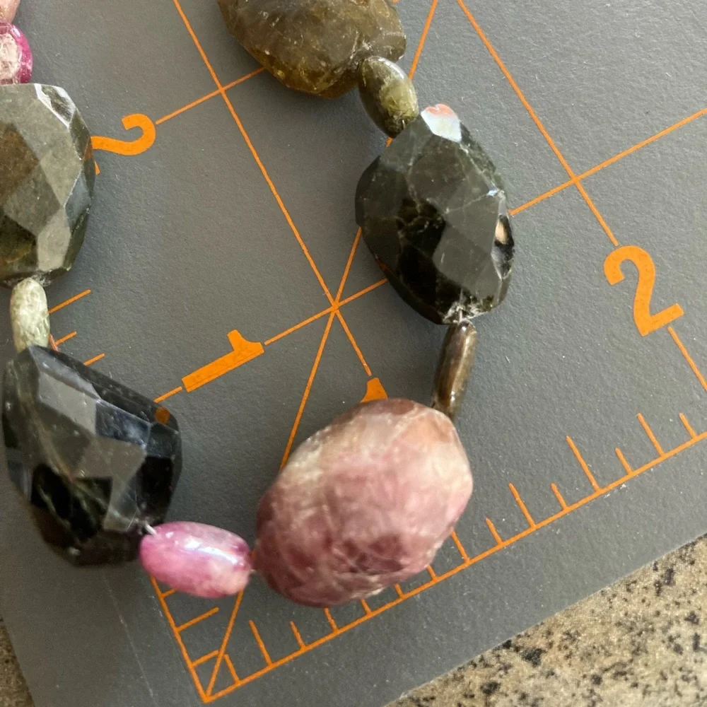 📿 Watermelon Tourmaline Crystal Necklace, 20” Long, EUC